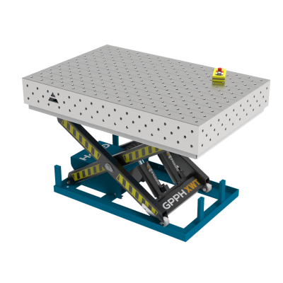 Table de soudage PLUS INOX 1500x1000 mm avec système de levage hydraulique, system 16, grille diagonale