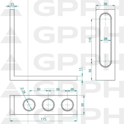 Vinkelstang 185x175mm, System - Φ28, Serie - PLUS teknisk tegning