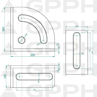 Vinkelstang 200x200mm, System - Φ28, Serie - PLUS teknisk tegning