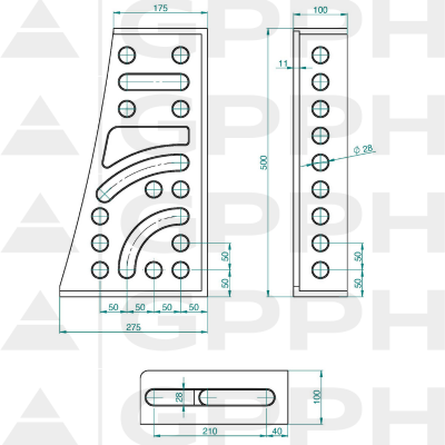 Escuadra espacial 275x500x175x100mm, Sistema - Φ28, Serie PLUS plano técnico