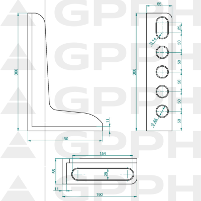 Suporte angular 300x190mm, Sistema - Φ28, Série - PLUS desenho técnico