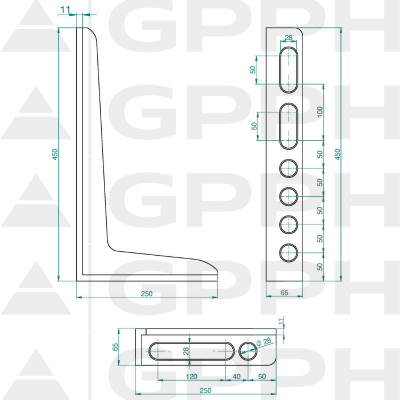 Angle bracket 450x250mm, System - Φ28, Series - PLUS technical drawing