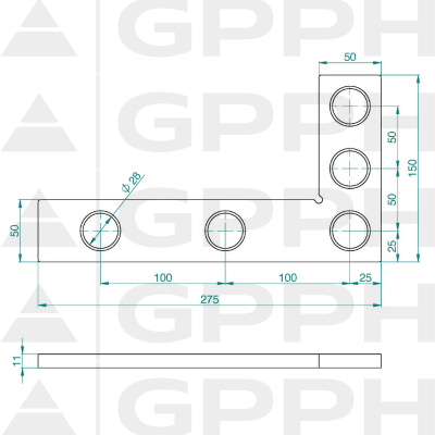 Escuadra plana 275x150mm, Sistema - Φ28, Serie PLUS plano técnico