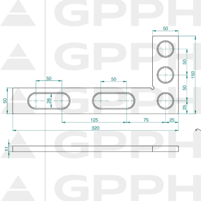 Escuadra plana 320x150mm, Sistema - Φ28, Serie PLUS plano técnico