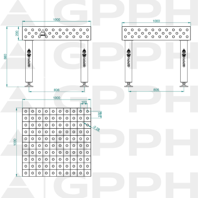 Lastafel PRO Maat - 1000x1000mm, Rooster - 100x100mm, System - Φ28, Benen - Op voeten Technische tekening