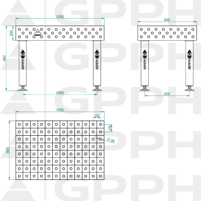 Lastafel PRO Maat - 1200x800mm, Rooster - 100x100mm, System - Φ28, Benen - Op voeten Technische tekening