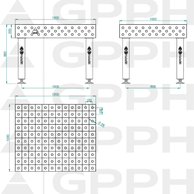 Lastafel PRO Maat - 1200x1000mm, Rooster - 100x100mm, System - Φ28, Benen - Op voeten Technische tekening