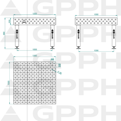 Mesa de soldadura PRO Cuadrícula - 100x100mm, Sistema - Φ28, Tamaño - 1200x1200mm, Patas - En los pies Plano técnico