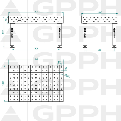 Lastafel PRO Rooster - 100x100mm, System - Φ28, Maat - 1500x1000mm, Benen - Op voeten Technische tekening