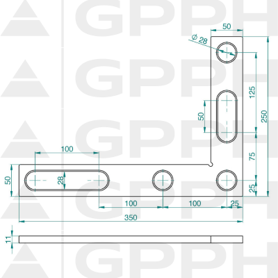 Plochý uholník 350x250mm, Systém - Φ28, Séria - PLUS technický nákres