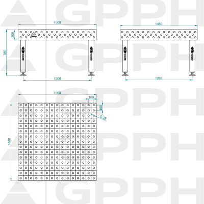 Schweißtisch PRO Raster - 100x100mm, System - Φ28, Größe- 1500x1480mm, Beine – an den Füßen technische Zeichnung