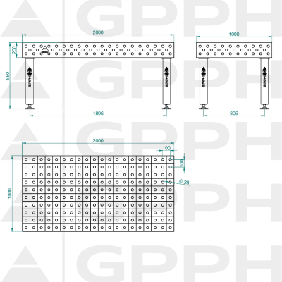 Lastafel PRO Rooster - 100x100mm, System - Φ28, Maat - 2000x1000mm, Benen - Op voeten Technische tekening