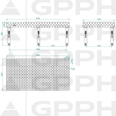 Lastafel PRO Rooster - 100x100mm, System - Φ28, Maat - 2400x1200mm, Benen - Op voeten Technische tekening