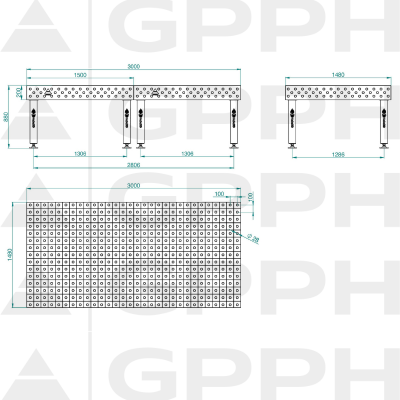 Lastafel PRO Maat - 3000x1480mm, Rooster - 100x100mm, System - Φ28, Benen - Op voeten Technische tekening