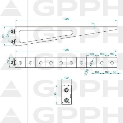 Extension 1000x100mm, Grid - 100x100mm, System - Φ28, Series - ECO| Technical drawing