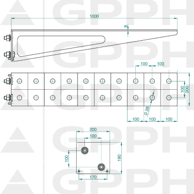 Extension 1000x200mm, Cuadrícula - 100x100mm, Sistema - Φ28, Serie ECO | Plano técnico