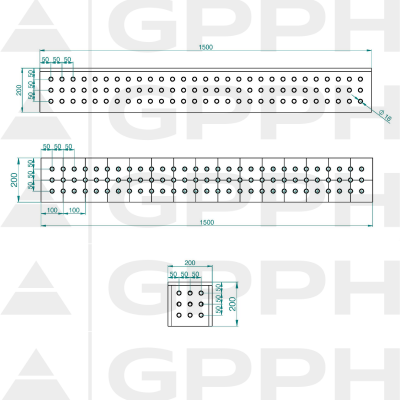 Suvirinimo sujungimo blokas 1500x200x200mm, Tinklelis - 50x50mm, Sistema- Φ16, For table - PRO techninis brėžinys