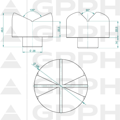 Přípravek Φ58mm 130°/90° system fi28 mm technical drawing