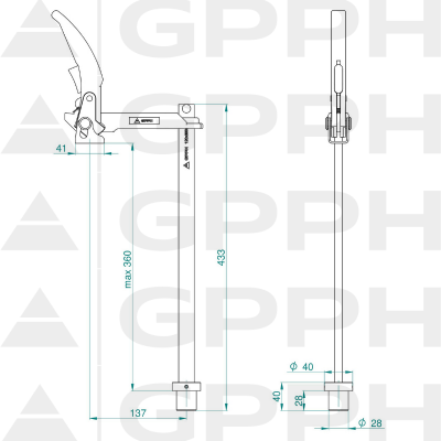 Pince de fixation avec levier GPPH fi28 mm - schéma technique