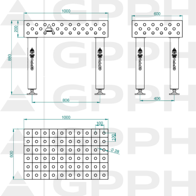 Lastafel PRO INOX Maat - 1000x600mm, Rooster - 100x100mm, System - Φ28, Benen - Op voeten - technische tekening