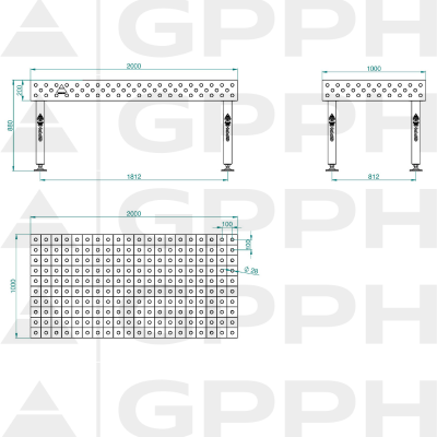 Hegesztőasztal PLUS INOX Méret - 2000x1000mm, Rács - 100x100mm, Rendszer - Φ28, Lábak - A lábakon - műszaki rajz