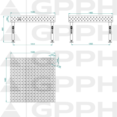 Schweißtisch PLUS INOX Größe- 1500x1480mm, Raster - 100x100mm, System - Φ28, Beine – an den Füßen - technische Zeichnung