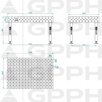 Hegesztőasztal PLUS INOX Méret - 1500x1000mm, Rács - 100x100mm, Rendszer - Φ28, Lábak - A lábakon - műszaki rajz