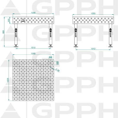 Hegesztőasztal PLUS INOX Méret - 1200x1200mm, Rács - 100x100mm, Rendszer - Φ28, Lábak - A lábakon - műszaki rajz