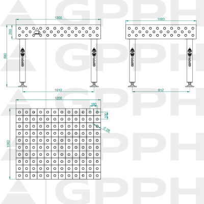 Masă de sudură PLUS INOX Dimensiune - 1200x1000mm, Rețea - 100x100mm, Sistem - Φ28, Picioare - Pe picioare - desen tehnic