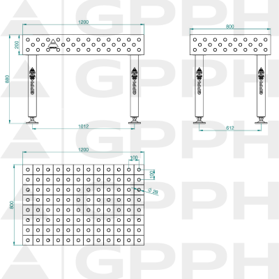 Schweißtisch PLUS INOX Größe- 1200x800mm, Raster - 100x100mm, System - Φ28, Beine – an den Füßen - technische Zeichnung