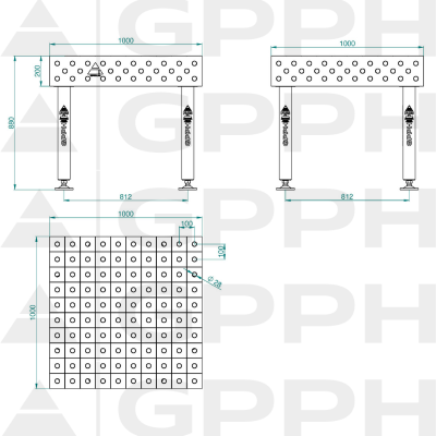 Schweißtisch PLUS INOX Größe- 1000x1000mm, Raster - 100x100mm, System - Φ28, Beine – an den Füßen - technische Zeichnung