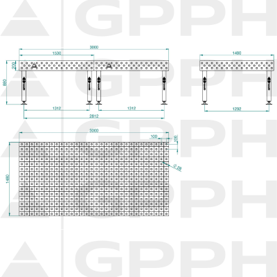 Schweißtisch PLUS INOX Größe- 3000x1480mm, Raster - 100x100mm, System - Φ28, Beine – an den Füßen - technische Zeichnung