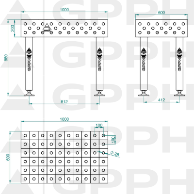 Schweißtisch PLUS INOX Größe- 1000x600mm, Raster - 100x100mm, System - Φ28, Beine – an den Füßen - technische Zeichnung