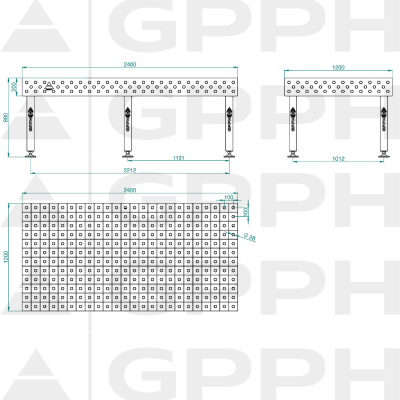 Schweißtisch PLUS Größe- 2400x1200mm, Raster - 100x100mm, System - Φ28, Beine – an den Füßen - technische Zeichnung