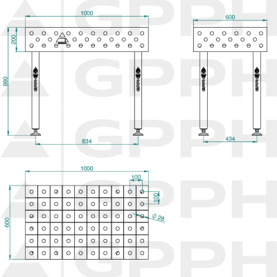 Metināšanas galds ECO 1000x600 mm fi28 100x100 uz kājām Tehniskais rasējums