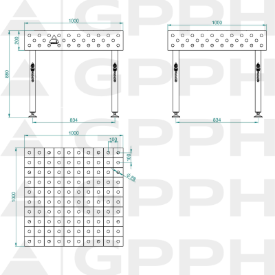 Welding table ECO 1000x1000 mm fi28 100x100 on feet Technical drawing