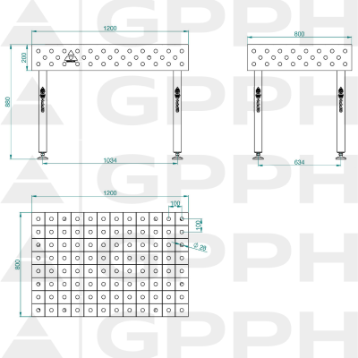 Svařovací stůl ECO 1200x800 mm fi28 100x100 na nohách Technický výkres