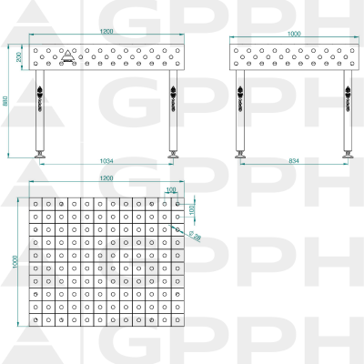 Welding table ECO 1200x1000 mm fi28 100x100 on feet Technical drawing