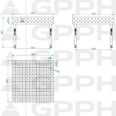 Welding table ECO 1200x1200 mm fi28 100x100 on feet Technical drawing