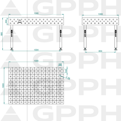 Lastafel ECO 1500x1000 mm fi28 100x100 op voeten Technische tekening