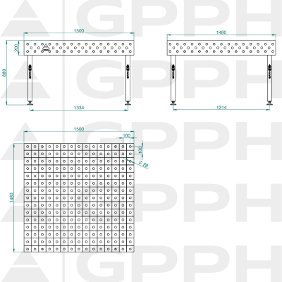 Lastafel ECO 1500x1480 mm fi28 100x100 op voeten Technische tekening