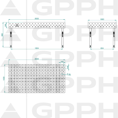 Welding table ECO 2000x1000 mm fi28 100x100 on feet Technical drawing