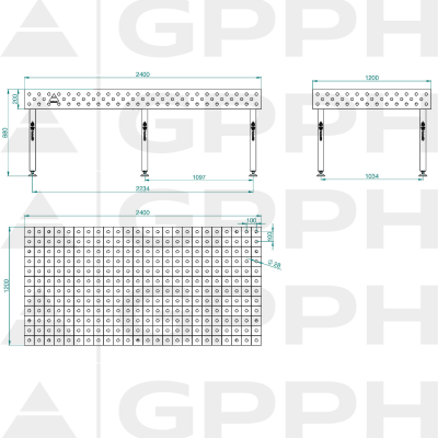 Lastafel ECO 2400x1200 mm fi28 100x100 op voeten Technische tekening