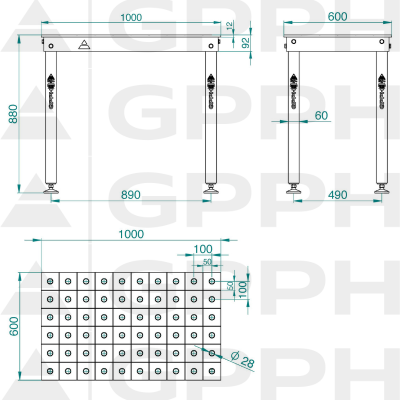 Metināšanas galds BASIC 1000x600 mm fi28 100x100 uz kājām