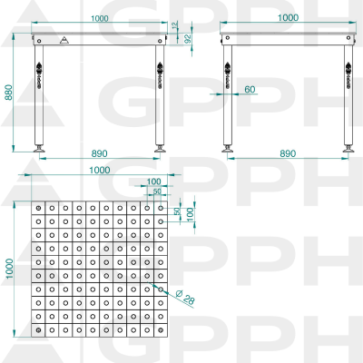 Welding table BASIC 1000x1000 mm fi28 100x100 on feet