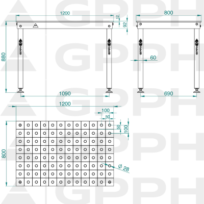 Techninis brėžinys Suvirinimo stalas BASIC 1200x800 mm fi28 100x100 ant kojų