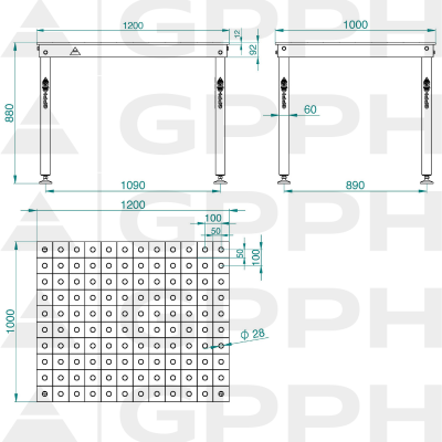 Techninis brėžinys Suvirinimo stalas BASIC 1200x1000 mm fi28 100x100 ant kojų