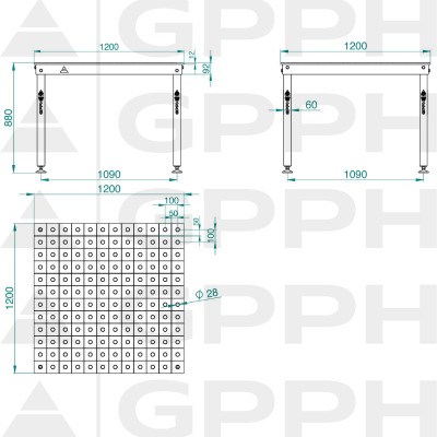 Techninis brėžinys Suvirinimo stalas BASIC 1200x1200 mm fi28 100x100 ant kojų