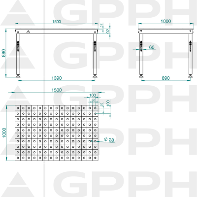 Technische tekening Lastafel BASIC 1500x1000 mm fi28 100x100 op voeten