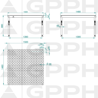 Plano técnico Mesa de soldadura BASIC 1500x1480 mm fi28 100x100 sobre los pies